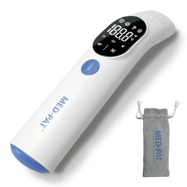 Med-Pat infrared thermometer featuring a digital display and carrying pouch, FDA approved for accurate temperature readings.